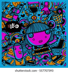 Vector Hand Drawn of Doodle party background. Greeting card design template with girl illustration. Pattern and wallpaper for fabric print.