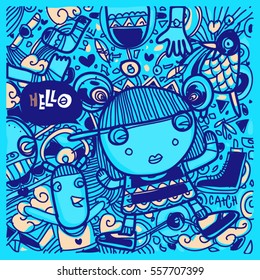Vector Hand Drawn of Doodle party background. Greeting card design template with girl illustration. Pattern and wallpaper for fabric print.