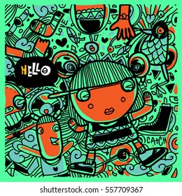 Vector Hand Drawn of Doodle party background. Greeting card design template with girl illustration. Pattern and wallpaper for fabric print.