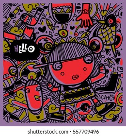 Vector Hand Drawn of Doodle party background. Greeting card design template with girl illustration. Pattern and wallpaper for fabric print.