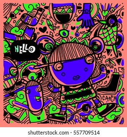 Vector Hand Drawn of Doodle party background. Greeting card design template with girl illustration. Pattern and wallpaper for fabric print.