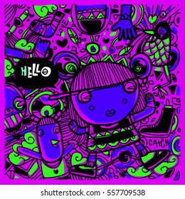 Vector Hand Drawn of Doodle party background. Greeting card design template with girl illustration. Pattern and wallpaper for fabric print.