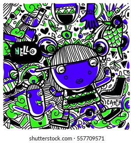 Vector Hand Drawn of Doodle party background. Greeting card design template with girl illustration. Pattern and wallpaper for fabric print.