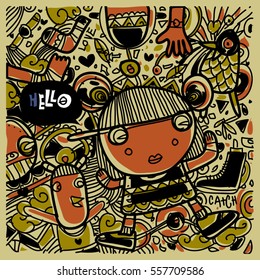 Vector Hand Drawn of Doodle party background. Greeting card design template with girl illustration. Pattern and wallpaper for fabric print.