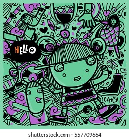Vector Hand Drawn of Doodle party background. Greeting card design template with girl illustration. Pattern and wallpaper for fabric print.