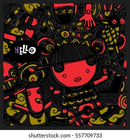 Vector Hand Drawn of Doodle party background. Greeting card design template with girl illustration. Pattern and wallpaper for fabric print.