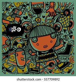 Vector Hand Drawn of Doodle party background. Greeting card design template with girl illustration. Pattern and wallpaper for fabric print.