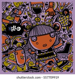 Vector Hand Drawn of Doodle party background. Greeting card design template with girl illustration. Pattern and wallpaper for fabric print.