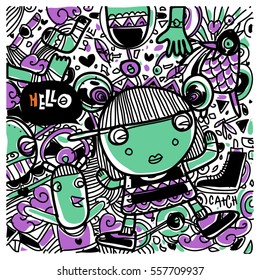 Vector Hand Drawn of Doodle party background. Greeting card design template with girl illustration. Pattern and wallpaper for fabric print.