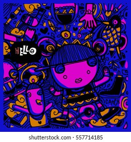 Vector Hand Drawn of Doodle party background. Greeting card design template with girl illustration. Pattern and wallpaper for fabric print.