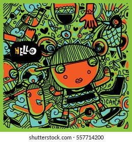 Vector Hand Drawn of Doodle party background. Greeting card design template with girl illustration. Pattern and wallpaper for fabric print.