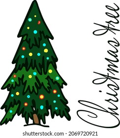 Vector hand drawn doodle pine tree, clip art Christmas tree, pine tree with garland, holidays decoration