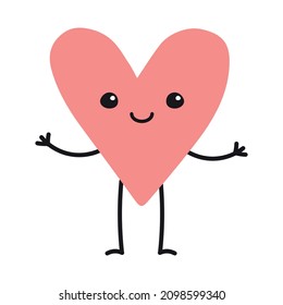 Vector hand drawn doodle pink heart with face arms and legs isolated on white background