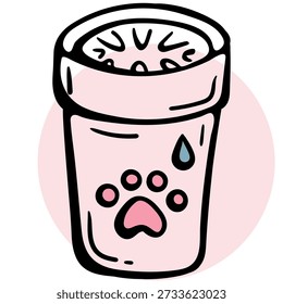 Doodle dibujado a mano de Vector de una taza portátil de la lavadora de la pata del animal doméstico. Este gráfico minimalista representa la higiene animal, el aseo y el cuidado al aire libre para perros y gatos. Ideal para blogs veterinarios, App de cuidado de mascotas y proyectos de diseño de estilo de vida.