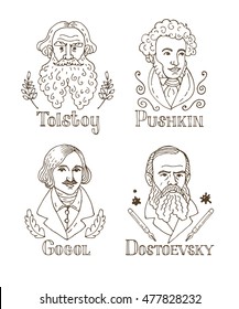 Vector hand drawn doodle portraits of famous russian writers: Tolstoy, Pushkin, Gogol, Dostoevsky.