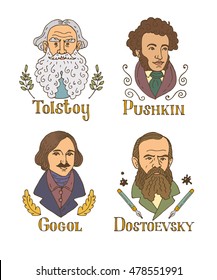 Vector hand drawn doodle portraits of famous russian writers: Tolstoy, Pushkin, Gogol, Dostoevsky.