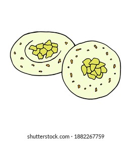Vector hand drawn doodle rasmalai. Indian dessert. Design sketch element for menu cafe, restaurant, label and packaging. Colorful illustration on a white background.