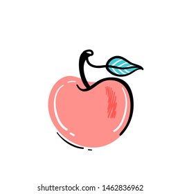 Vector Hand Drawn Doodle Red Apple Fruit with Leaf. Healthy Vegetarian Food