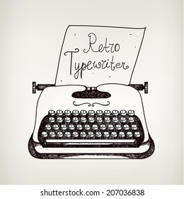 Vector Hand Drawn Doodle Retro Black And White Typewriter With Paper. Can Use It For Advertising, Banner, Card, Etc.