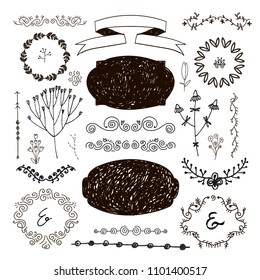 Vector hand drawn doodle romantic set. Linear illustration - flowers, wreaths, deviders, frames, leaves. Use for decoration, wedding invitations, birthday cards, packaging, etc. 