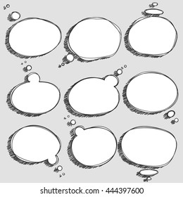 Vector hand drawn doodle round speech bubbles. Think speak circle line with shadow scribble on transparent background. Comic element show idea talk speech thought word sentence conversation dialogue