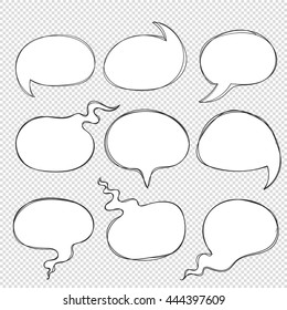 Vector hand drawn doodle round speech bubbles. Think speak circle line with shadow scribble on transparent background. Comic element show idea talk speech thought word sentence conversation dialogue