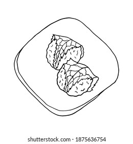 Vektor handgezeichnet doodle sakura mochi. Japanischer ReisNachtisch. Design-Skizze für Speisekarte, Restaurant, Label und Verpackung. Illustration auf weißem Hintergrund.
