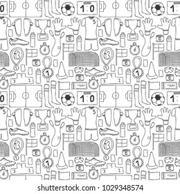 Vector hand drawn doodle seamless background with hand drawn football items.