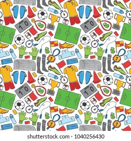 Vector hand drawn doodle seamless background with hand drawn football items.