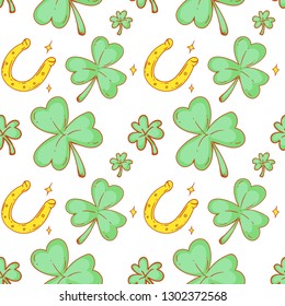 Vector hand drawn doodle seamless pattern of St. Patrick's Day theme objects, horsehoe and shamrocks. Colored illustration on beige background.