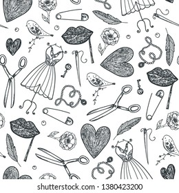 Vector hand drawn doodle seamless pattern. black and white. Fashion, sewing tools background. Use for babric, print, wrapping. Cartoon hand made various sketch elements:hearts, needle, scissors, dress
