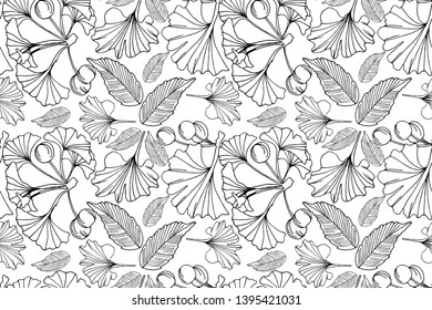 Vector hand drawn doodle seamless ginkgo leaves pattern. Line natural wrapping paper design. - Vector