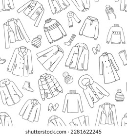 Vector hand drawn doodle seamless pattern. Jumper and jacket sketch illustration. Outline illustration clothes, shoes and accessories