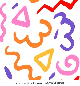 vector hand drawn doodle seamless pattern with cute squiggles, triangles and stripes. Creative minimalist style art background for children or trendy design with basic shapes