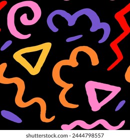 vector hand drawn doodle seamless pattern with cute squiggles, triangles and stripes. Creative minimalist style art background for children or trendy design with basic shapes