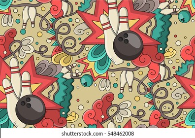 Vector hand drawn doodle seamless pattern of bowling for cover design, business card, envelope, letterhead, brochure and book. Realistic corporate identity brand template.