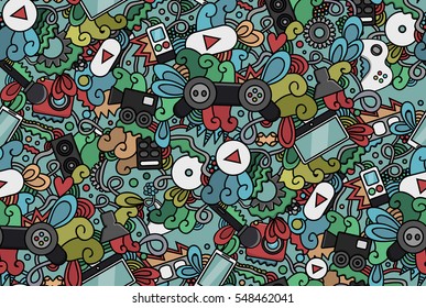 Vector hand drawn doodle seamless pattern of video gaming, let's play and cinema for cover design, business card, envelope, letterhead, brochure and book. Realistic corporate identity brand template.