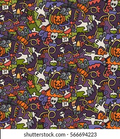 Vector hand drawn doodle seamless pattern of Halloween for cover design, gift wrapping paper and branding.