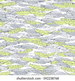 Vector hand drawn doodle seamless pattern with gray and lemon feathers on white background.