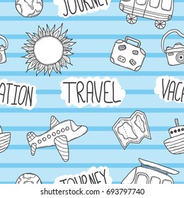 Vector hand drawn doodle seamless background with doodle travel objects.