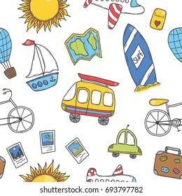 Vector hand drawn doodle seamless background with doodle travel objects.