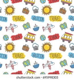 Vector hand drawn doodle seamless background with doodle travel objects.