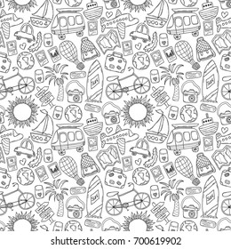 Vector hand drawn doodle seamless background with doodle travel objects.