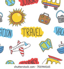 Vector hand drawn doodle seamless background with doodle travel objects.