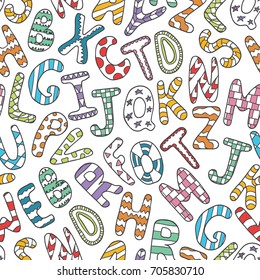 Vector hand drawn doodle seamless background with alphabet letters.