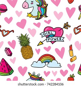 Vector hand drawn doodle seamless hipster pattern background with feminism symbols: heart with sign "Girl Power" and other trendy elements: lipstick, unicorn, rainbow, lipstick, pineapple, watermelon.