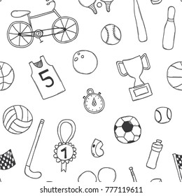 Vector hand drawn doodle seamless background with hand drawn sport items.