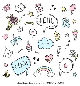 Vector hand drawn doodle set. Line art cartoon set of objects and symbols. Perfect for notebook, blog design, 
