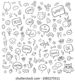 Vector hand drawn doodle set. Line art cartoon set of objects and symbols. Perfect for notebook, blog design, 
