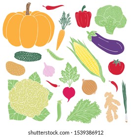 Vector hand drawn doodle set bundle of colored vegetable isolated on white background